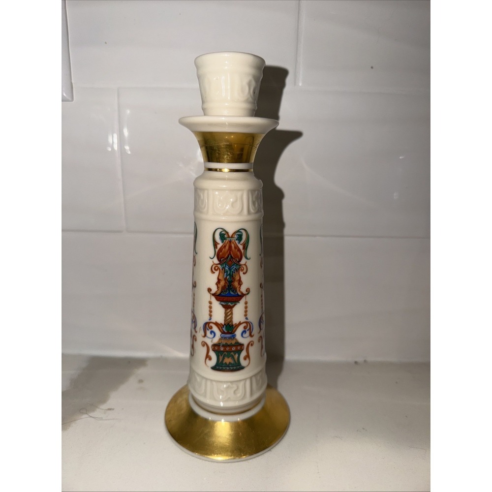 Lenox China Giftware Lido Single Light Candlestick Cream Gold Trim 8" T c1971 TM